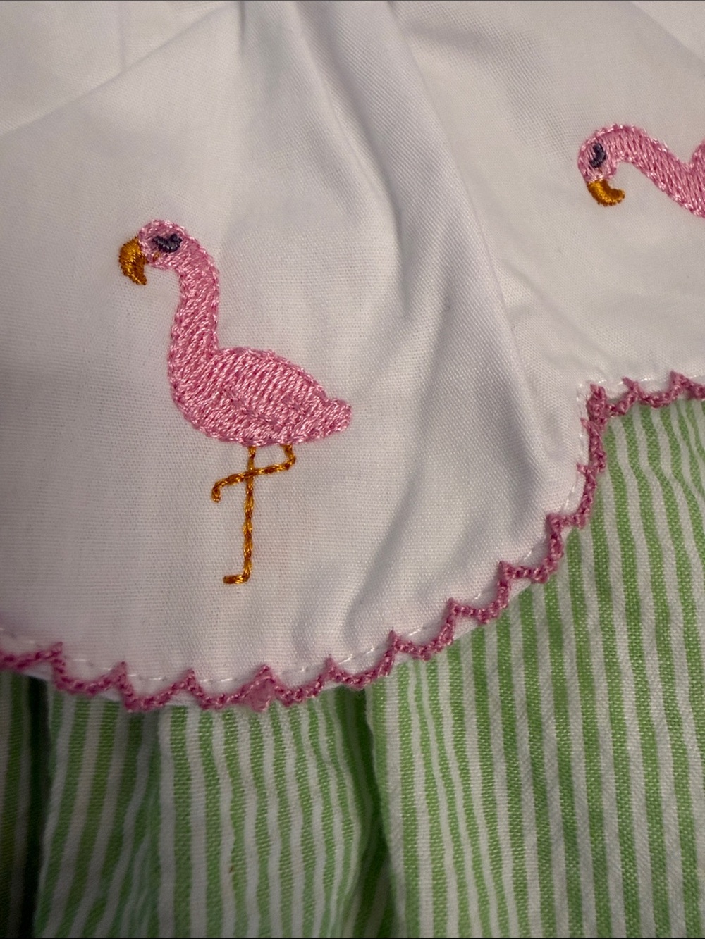 Stitchy Fish Girls Green Seersucker Dress with Pink Flamingo Collar - Picture 3 of 6